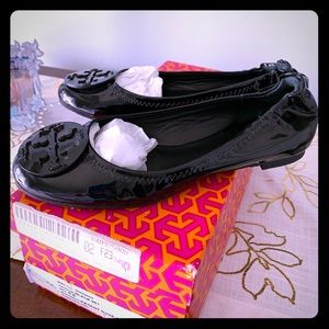 Tory Burch Black patent Reva flats.